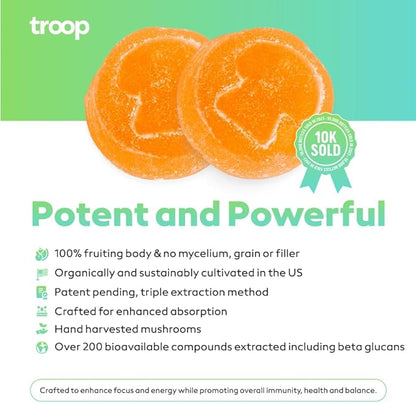 Troop Mushroom Lion's Mane Gummies, Supplement for Focus & Mood, Cognitive, Immune & Memory Support - Brain Boost, Natural Peach Mango Flavored Nootropic with Fruit Body Gummy - Vegan, 60 Count