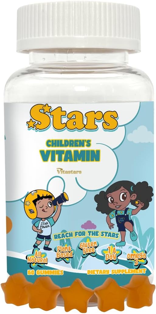 Stars Kids Multivitamin Gummies with Omega 3, Vitamins for Kids with A, B, C, D, Plant Based Multi Vitamins for Children, Manganese, 60 Star-Shaped Multivitamin for Kids, Gluten-Free Gummy Vitamins