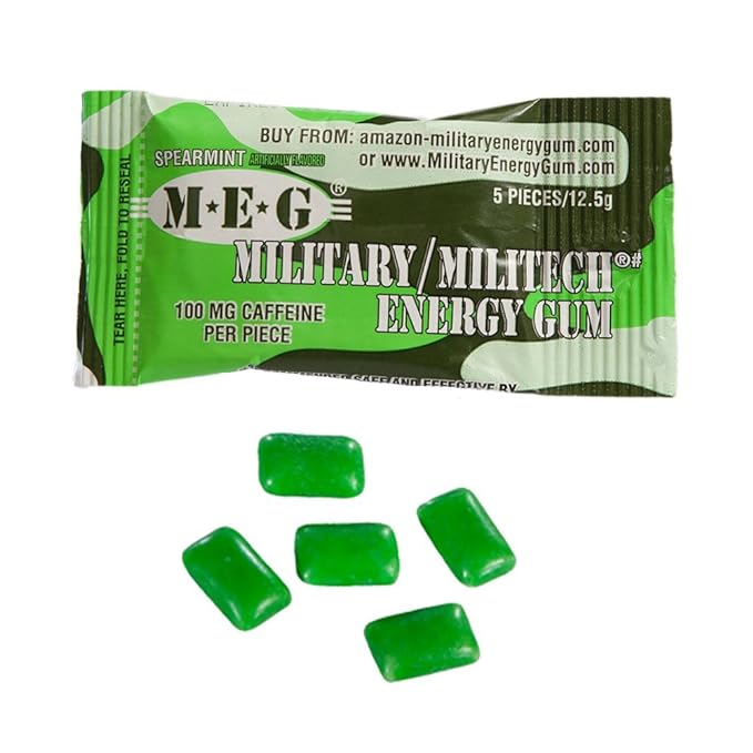 MEG - Military Energy Gum | 100mg of Caffeine Per Piece + Increase Energy + Boost Physical Performance + Multi Flavors of Arctic Mint , Spearmint, & Cinnamon + 8 Packs (40 Count)