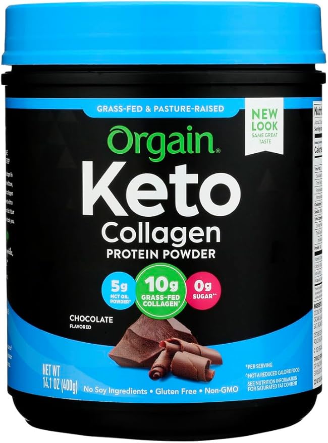 Orgain Keto Collagen Protein Powder, Chocolate - 10g Grass Fed Hydrolyzed Collagen Peptides for Women & Men, Type I & III, 5g MCT Oil - Hair, Skin, Nail, & Joint Support, Non-GMO, Gluten Free - 0.88lb