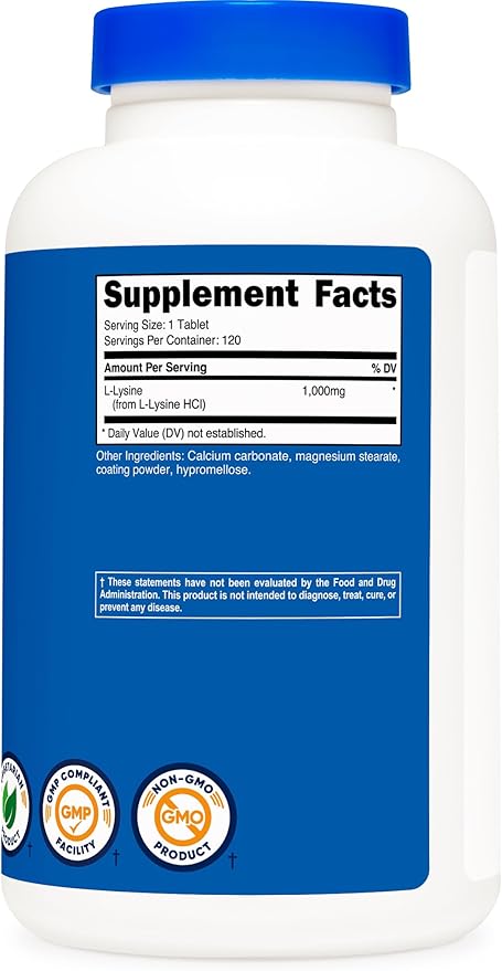 Nutricost L-Lysine 1000mg, 120 Tablets - Gluten Free, Non-GMO, and Vegetarian Friendly
