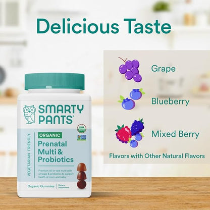 SmartyPants Organic Prenatal Vitamins for Women, Multivitamin Gummies: Probiotics, Biotin, Methylfolate, Omega 3 (ALA), Vitamin D3, C, Vitamin B12, B6, Vitamin A, K2 & Zinc, 120 Count (30 Day Supply)