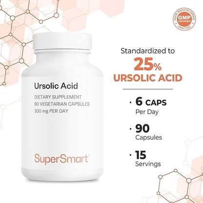 Supersmart - Ursolic Acid 300mg per Day (Well-Tolerated) - Rosemary Leaf Extract Supplement | Non-GMO & Gluten Free - 90 Vegetarian Capsules