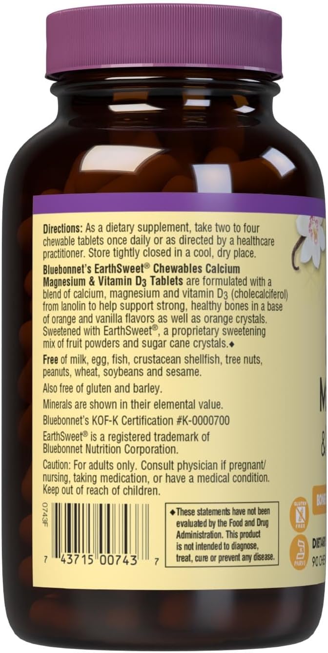 Bluebonnet Nutrition Calcium Magnesium Plus Vitamin D3 Earthsweet, Bone Health & Muscle Relaxation, Soy-Free, Gluten-Free, Kosher, Dairy-Free,90 Orange Vanilla Flavored Chewable Tablets
