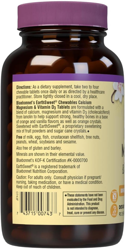 Bluebonnet Nutrition Calcium Magnesium Plus Vitamin D3 Earthsweet, Bone Health & Muscle Relaxation, Soy-Free, Gluten-Free, Kosher, Dairy-Free,90 Orange Vanilla Flavored Chewable Tablets