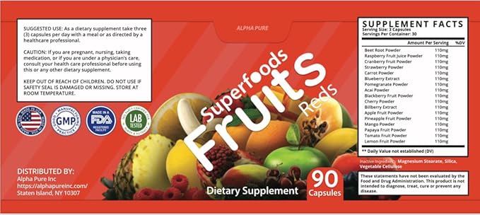 Superfoods Reds Fruits and Greens 180 Capsules Vegetables Fruits and Veggies Superfood | Natural Balance of 90 Fruit Capsules, 90 Veggie Capsules for Men, Women Vitamins and Minerals