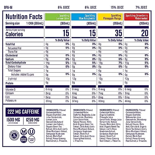 Odyssey 222 Energy Drink, Pre Workout, 222mg Caffeine, Clean Energy Drinks, L Theanine, Lions Mane, Cordyceps & Green Tea for Energy, Focus & Mood Boost, Low Calorie, Variety Pack, 12 Fl oz, 12 Pack