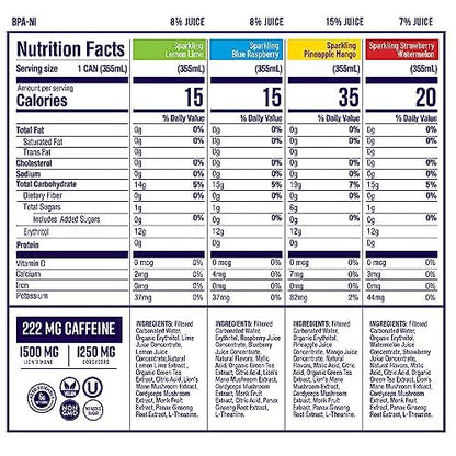 Odyssey 222 Energy Drink, Pre Workout, 222mg Caffeine, Clean Energy Drinks, L Theanine, Lions Mane, Cordyceps & Green Tea for Energy, Focus & Mood Boost, Low Calorie, Variety Pack, 12 Fl oz, 12 Pack