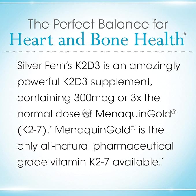 Silver Fern Vitamin K2-D3 Supplement Brand - Natural, Non-Synthetic - K2-7 as Menaquinone-7 (MK-7) - D3 as cholecalciferol - Bone, Heart & Energy Support (1 Bottle - 30 Capsules - 30 Servings)