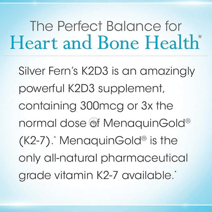 Silver Fern Vitamin K2-D3 Supplement Brand - Natural, Non-Synthetic - K2-7 as Menaquinone-7 (MK-7) - D3 as cholecalciferol - Bone, Heart & Energy Support (1 Bottle - 30 Capsules - 30 Servings)