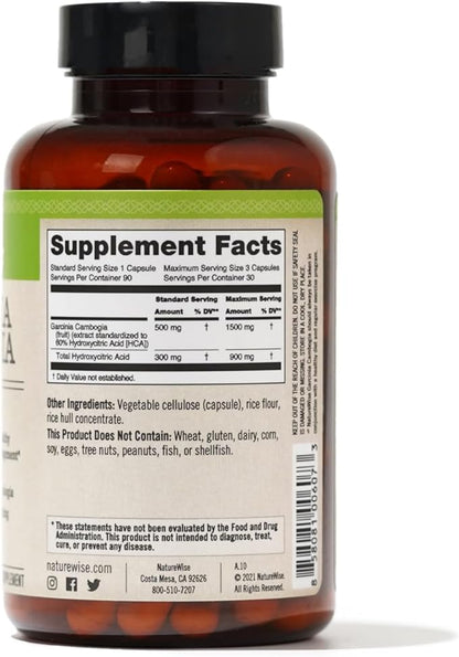 Naturewise Garcinia Cambogia with Natural Garcinia Cambogia Extract, 60% HCA Concentration, Natural Support for Weight Goals and Energy - Vegan, Non-GMO, Gluten Free - 90 Capsules[1-3 Month Supply]