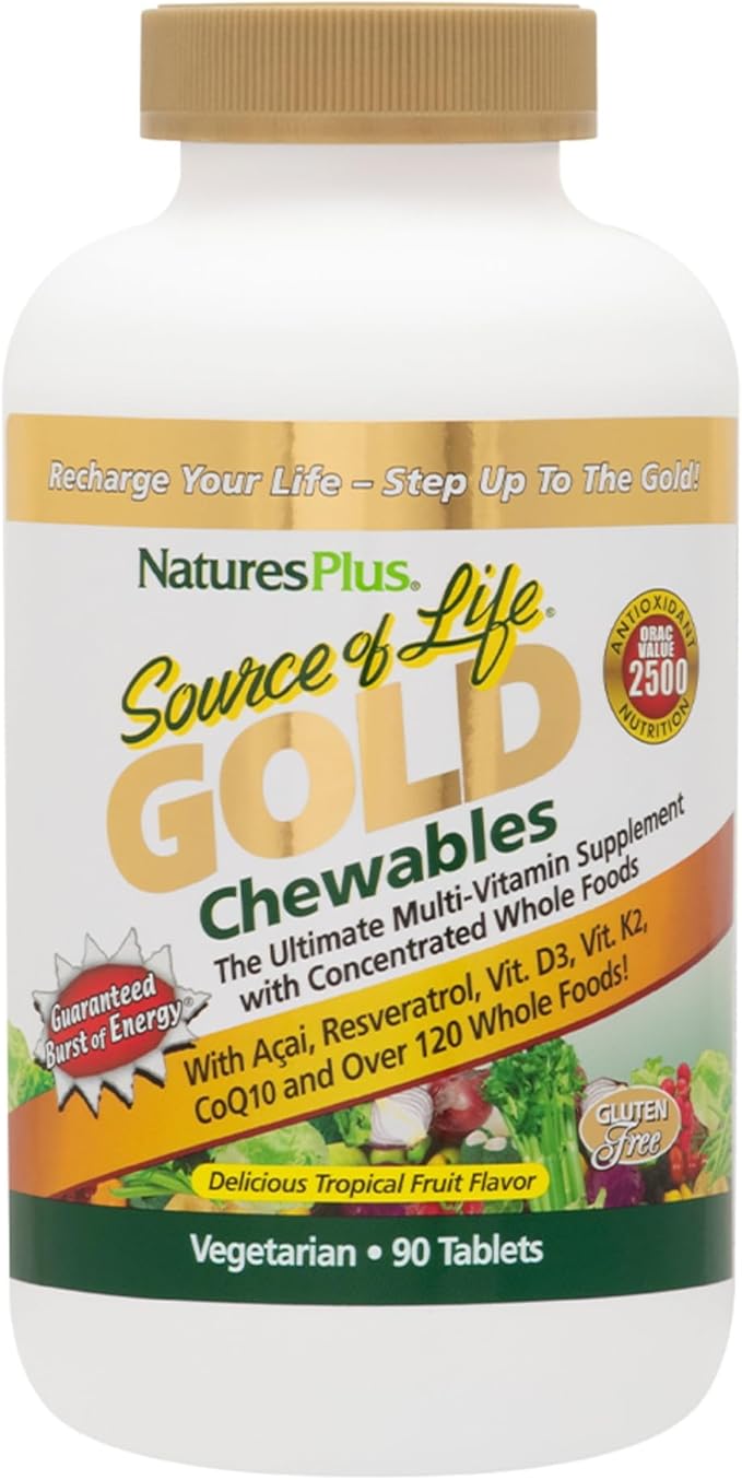 NaturesPlus Source of Life Gold Chewables - 90 Vegetarian Tablets - Tropical Fruit Flavor - Whole Food Multivitamin Supplement - Gluten Free - 30 Servings