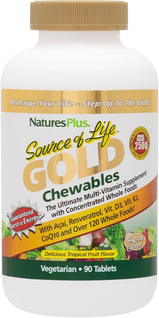 NaturesPlus Source of Life Gold Chewables - 90 Vegetarian Tablets - Tropical Fruit Flavor - Whole Food Multivitamin Supplement - Gluten Free - 30 Servings