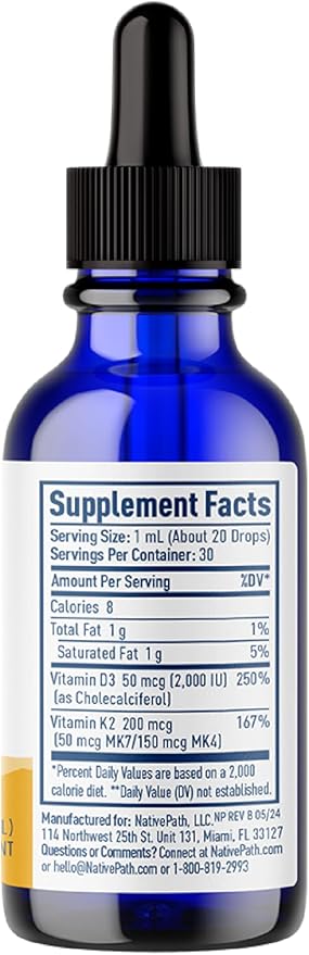 NativePath D3K2 Tincture - 1000IU Vitamin D3 and Vitamin K2 Supplement with Organic MCT Oil - 1 Fluid Ounce - Rapid Bioavailability Multi-Vitamin for Bone Strength and Total Body Wellness, 30 Servings