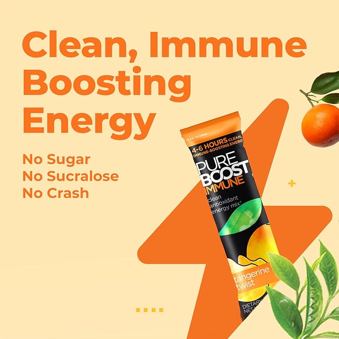 Pureboost Immune Clean Energy Booster, Refreshing Energy Drink Mix and Immunity Supplement with Elderberry, 1,200 mg Vitamin C, Vitamins A + D, and Zinc. Sugar-Free Energy (Tangerine Twist, 30 Count)