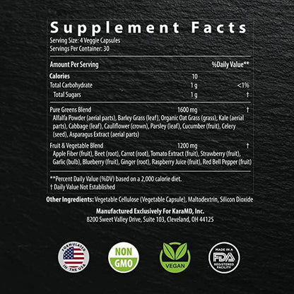 KaraMD Pure Nature | Greens, Fruits & Vegetables Whole Food Supplement | Vitamins, Fiber & Antioxidants | Support Energy & Digestion | Non-GMO, Gluten Free & Vegan Friendly (30 Servings)