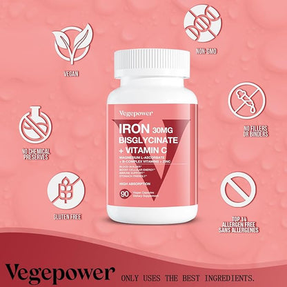 Iron Supplements for Women Men, Vegan Iron Bisglycinate 30mg Plus Vitamin C, B12, Folic Acid - Iron Pills for Anemia, Blood Builder & Energy Support - Gentle, High Absorption, Non-GMO - 90 Capsules