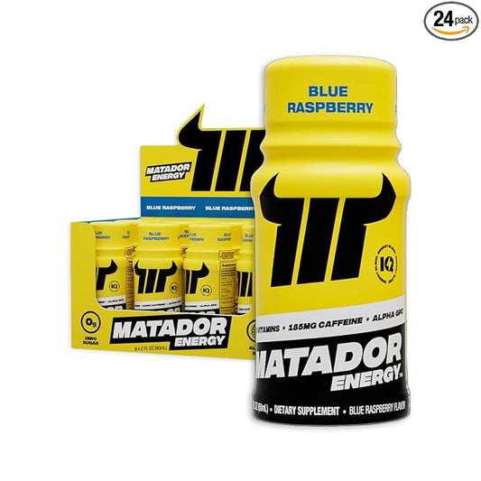 MATADOR Energy Shots - Blue Raspberry 24 Bulk Pack - Sugar Free Nootropic Natural Caffeine Energy Shot Bottles, B Vitamin Complex (Vitamin B3 & B12), 200 MG of Alpha GPC Enhancing Cognitive Function