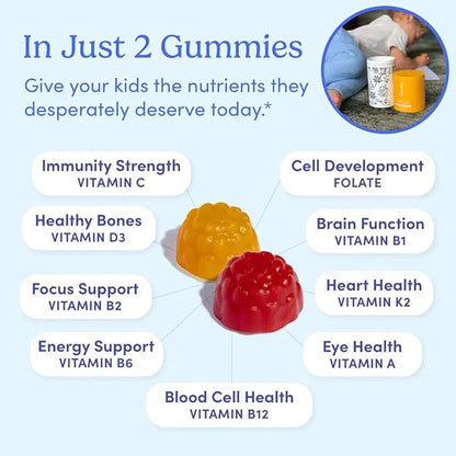 FIRST DAY Kids Daily Multivitamin Gummies – Vitamin A, D3, B6, B12, C, K2 & More to Support Growth, Brain Function, Immunity – Made w/Organic Fruits & Veggies, Only 2g Sugar – 30 Day Supply