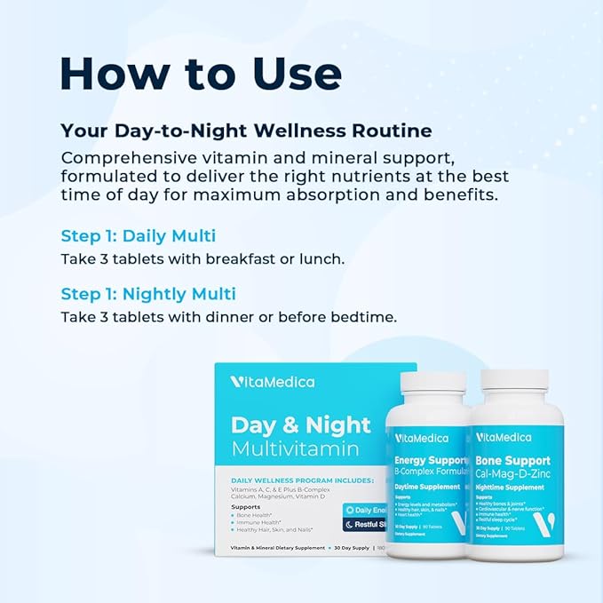 Multivitamin Day & Night Routine | Energy & Mental Clarity, Bones & Joints, Beauty, Restful Sleep | 30-Day Supply | Vitamins A, C, D, E, B-Complex | Magnesium, Biotin, Zinc, Botanicals, & Minerals