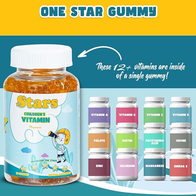 Stars Kids Multivitamin Gummies with Omega 3, Vitamins for Kids with A, B, C, D, Plant Based Multi Vitamins for Children, Manganese, 60 Star-Shaped Multivitamin for Kids, Gluten-Free Gummy Vitamins