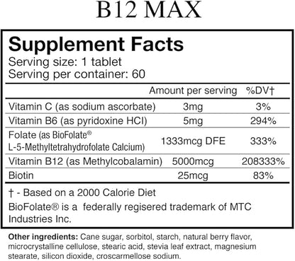 Wellgenix Bio-Available Sublingual B12 Max - Formulated for High Absorption - Nutritional Multivitamin B12, B6, Folate - Fast Dissolve (60 Ct) 2 Pack