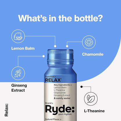 Ryde: Relax Shot | Raspberry Flavor | Lemon Balm, L-Theanine, Ginseng & Chamomile | 0 Calories, 0 Sugar | 2 FL OZ Shots | Helps You Relax* (8 Pack)