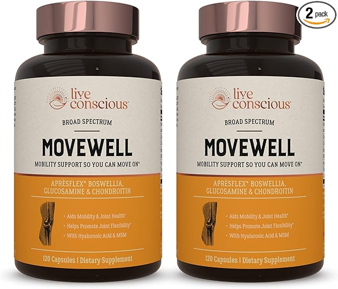 MoveWell by LiveConscious Glucosamine Chondroitin with MSM, Hyaluronic Acid, and More | Joint Health Supplement (2-Pack)
