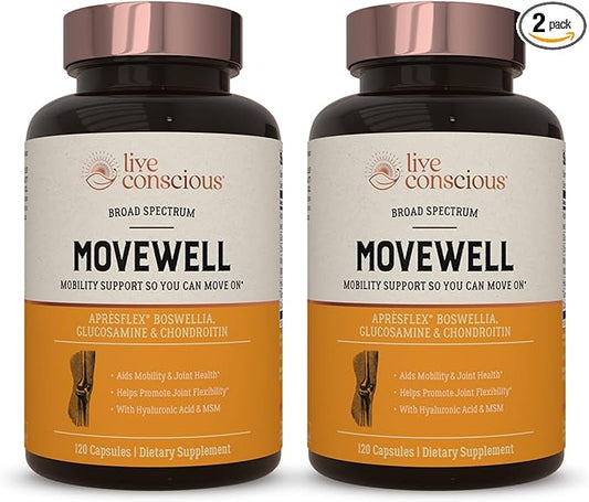 MoveWell by LiveConscious Glucosamine Chondroitin with MSM, Hyaluronic Acid, and More | Joint Health Supplement (2-Pack)