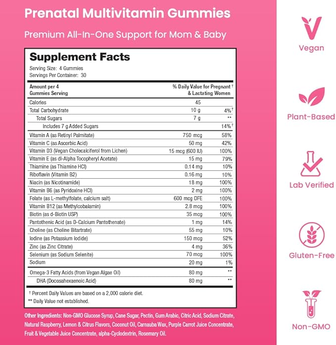 Prenatal Vitamin Gummies with DHA | Vegan Prenatal Vitamins for Women with Omega 3, Folate, Choline & D3, Pregnancy Vitamins for Fetal Development | Gummy Multivitamin Supplement, 120 Count (2-Pack)