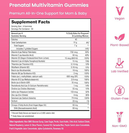 Prenatal Vitamin Gummies with DHA | Vegan Prenatal Vitamins for Women with Omega 3, Folate, Choline & D3, Pregnancy Vitamins for Fetal Development | Gummy Multivitamin Supplement, 120 Count (2-Pack)