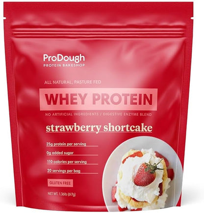 ProDough Gourmet Whey Isolate Hydrolized Protein Powder for Shake Mix- Easy Digest Enzyme Blend, 25g Protein per Serving, Natural Ingredients, Gluten Free, Keto Friendly (Strawberry Shortcake)