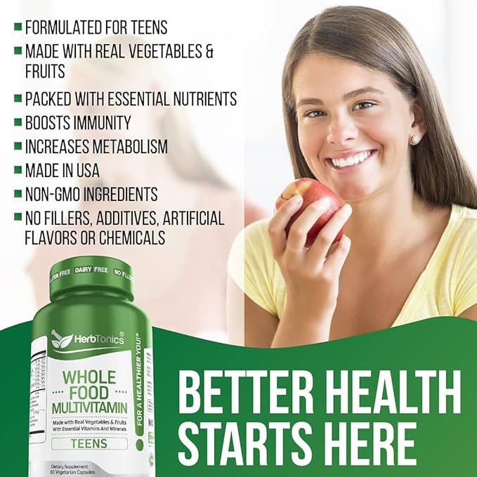 Herbtonics Whole Food Multivitamin for Teens | Essential Vitamins and Minerals Supplement for Teenage Boys & Girls | 62 Plant-Based Superfoods, Raw Veggies & Fruit Complex | Non-GMO Vegan 60 Capsules