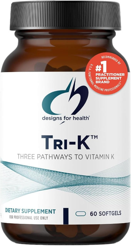 Designs for Health TRI-K - Three Forms of Vitamin K + GG, High Potency Supplement - 2000mcg Vitamin K1, 500mcg K2 MK-4 - Non-GMO + Gluten Free (60 Softgels)