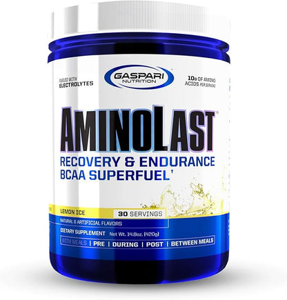 Gaspari Nutrition Aminolast, Recovery and Endurance BCAA Superfuel, 2:1:1 Amino Acid Ratio, Fueled with Electrolytes (30 Servings, Lemon Ice)