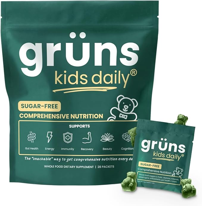 Gruns Kids Super Greens Gummies, Sugar-Free - Superfood Gummy Bears with Spirulina, Chlorella & Prebiotics for Digestive Health - Adaptogens Supplement with 20 Vitamins & Minerals - 1 Month Supply