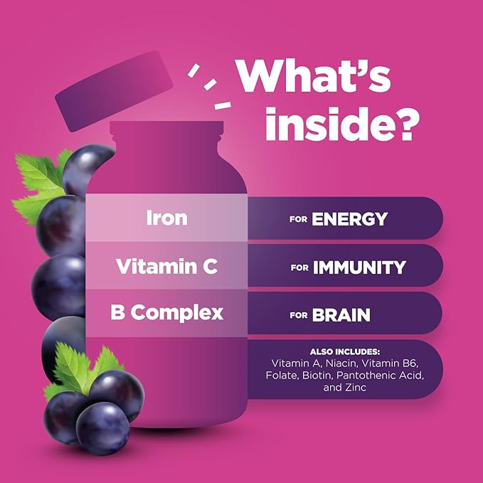 Multivitamin with Iron Gummies for Kids - Chewable Iron Gummy Vitamins for Kids Focus Aid and Natural Energy Supplement - Kids Gummy Vitamins with Iron for Immune Support Mental Clarity and Focus