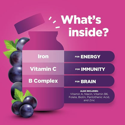 Multivitamin with Iron Gummies for Kids - Chewable Iron Gummy Vitamins for Kids Focus Aid and Natural Energy Supplement - Kids Gummy Vitamins with Iron for Immune Support Mental Clarity and Focus