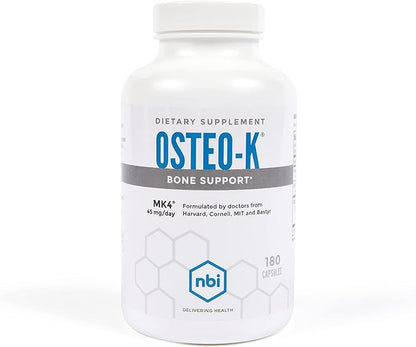 NBI Osteo-K Bone Support | Vitamin D & K Complex with Calcium Citrate Supplement | 45mg Vitamin K2 (MK4) for Strong Bone Health & Function | 180ct Veggie Capsules