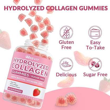 Sugar-Free Collagen Gummies for Women, Hydrolyzed Collagen Peptides Gummies with Biotin, Collagen Supplements Gummy with Vitamin B12, C, D, Zinc for Hair Skin Nail