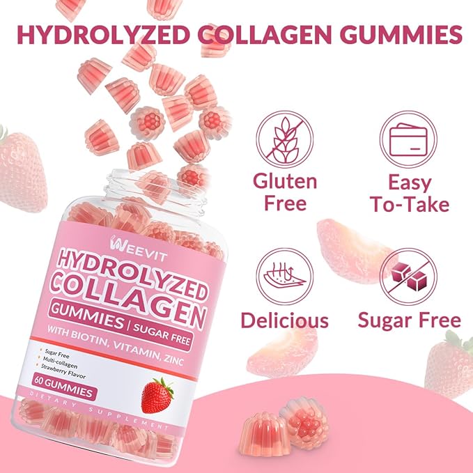 Sugar Free Collagen Gummies for Women, 2000mg Protein Type I,II,III,V,X with 5000mcg Biotin Vitamin C D B12, Hydrolyzed Collagen Peptides Gummies for Immune Digestion Skin Hair Nails Energy Bone Joint