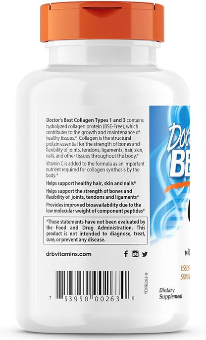 Doctor's Best Collagen Types 1 & 3 with Vitamin C, Non-GMO, Gluten Free, Soy Free, Supports Hair, Skin, Nails, Tendons & Bones, 500 mg, 240 Caps (DRB-00263)