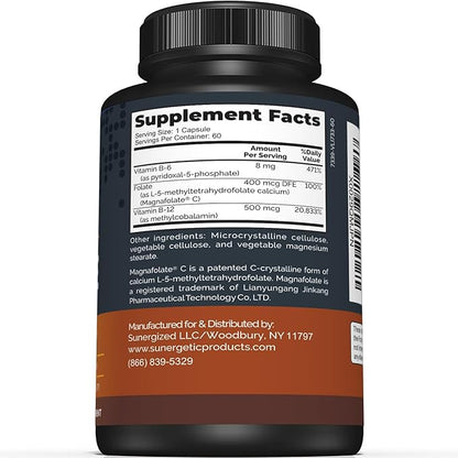 Sunergetic Premium Methyl Folate Supplement – with Methylated Vitamin B12 and Vitamin B6 – Metabolically Active Folate as Magnafolate - Methylfolate 400 mcg per Capsule – 60 Capsules
