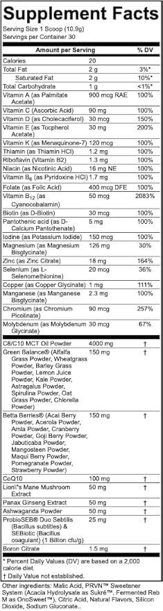 PRVN Performance Multi+ Greens, Probiotic, Ashwagandha, Lions Mane & MCT Powder - Energy & Mental Boost, 30 Serv (Tropical)