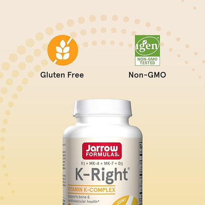Jarrow Formulas K-Right - Vitamin K-Complex (K1, MK-4, MK-7, D3) - 60 Servings (Softgels) - Dietary Supplement for Bone & Cardiovascular Health Support - Vitamin K2 MK-7 - Gluten Free