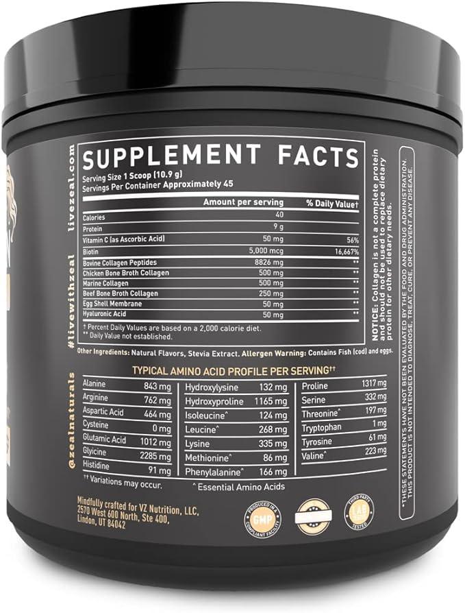 Premium Multi Collagen Peptides Protein Powder (1, 2, 3, 5 & 10) with Vitamin C, Biotin, Hyaluronic Acid, for Hair Skin and Nails - Marine, Bovine, Chicken & Eggshell (Vanilla, 45 Servings)