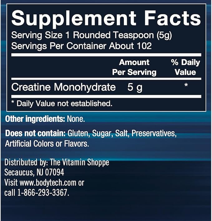 BodyTech 100% Pure Creatine Monohydrate Powder - Premium Micronized Creatine for Enhanced Muscle Strength and Performance - Supports Muscles, Recovery, and Increased Exercise (18oz/102 Servings)