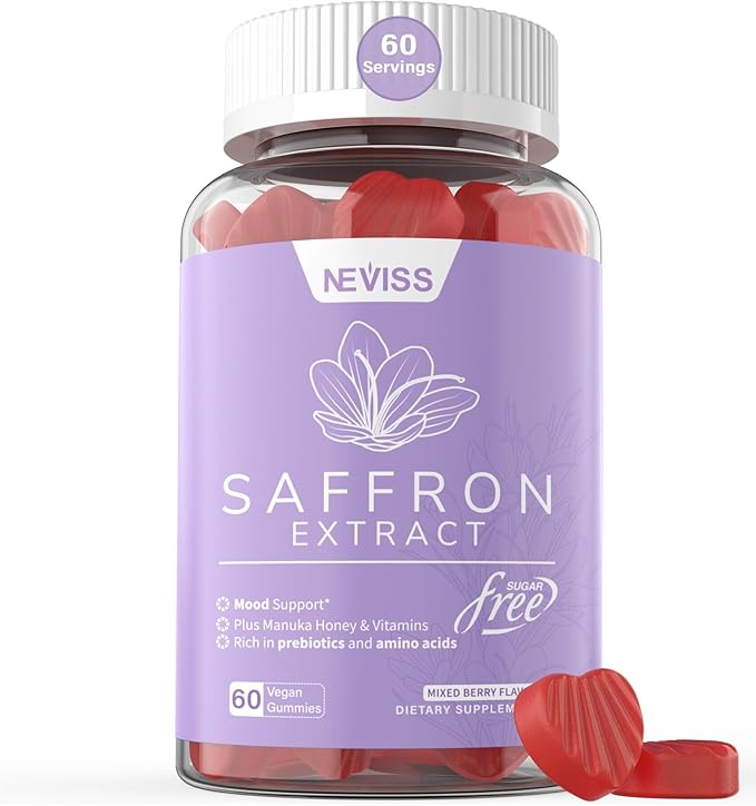 Saffron Gummies - Saffron Supplement Gummies 100% Pure Saffron Extract Whole Herb Gummies with Honey for Mood & Power, Vitamin B6, B12, D3, C - Sugar Free - Organic, Vegan, Mixed Berry Flavor - 60Cts