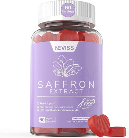Saffron Gummies - Saffron Supplement Gummies 100% Pure Saffron Extract Whole Herb Gummies with Honey for Mood & Power, Vitamin B6, B12, D3, C - Sugar Free - Organic, Vegan, Mixed Berry Flavor - 60Cts