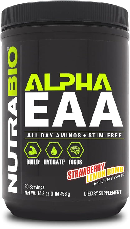 NutraBio Alpha EAA - All-Day Perfect Amino Acids for Muscle Growth - Essential Amino Acids - Full Spectrum EAA BCAA Powder- Amino Acid Supplement - 30 Servings - Strawberry Lemon